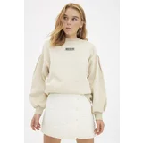 Trendyol Stone Thick Fleece Inside Minimal Printed Balloon Sleeves Knitted Sweatshirt