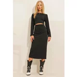 Trend Alaçatı Stili Women's Black Crew Neck Crop Blouse And Midi Length Corduroy Skirt Set