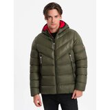 Ombre Men's quilted winter jacket with combined materials - dark olive green cene