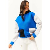 Olalook Women's Saxe Blue Gray Color Block Fleece Inner Sweatshirt Cene'.'