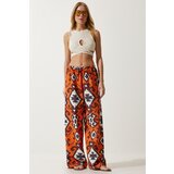  Women's Orange Patterned Raw Linen Palazzo Trousers Cene