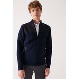 Avva Men's Navy Blue Wool Blended Parachute Fabric Detailed Zippered Standard Fit Regular Cut Cardigan Coat Cene