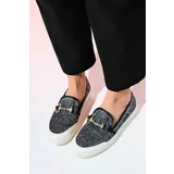 LuviShoes BARCELOS Women's Black Straw Buckle Loafer Shoes