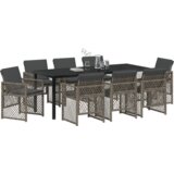 vidaXL 9-dijelni vrtni blagovaonski set s jastučićima Siva Poliratan, Vrtni stol Crn 200x80x73 cm Temperirano staklo | shoptok.hr