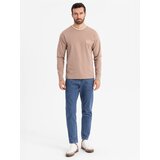 Ombre Men's cotton longsleeve with striped U neckline and embroidery - brown | Shoptok.si