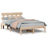 vidaXL Posteljni okvir z naslonom 135x190 cm trd les bor | Shoptok.si