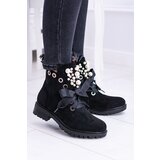 FI1 Suede Lined Ankle Boots With Pearls And Ribbon Black Perla | Shoptok.si