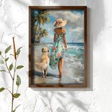 Wallxpert uramljena MDF slika NAL017-46, žena u cvetnoj haljini i zlatni retriver šetaju plažom, 35,5 x 47 cm Cene
