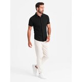 Ombre Men's knitted slim fit shirt with short sleeves and collar - black | shoptok.hr