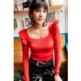 Olalook Women's Red Square Collar Ruffled Crop Knitwear Blouse Cijene
