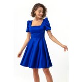 Lafaba Women's Sax Balloon Sleeve Flared Cut Mini Satin Evening Dress | Shoptok.si