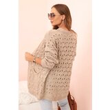 Kesi Włoski Women's openwork cardigan with pockets dark beige | Shoptok.si