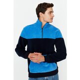 Trendyol Navy Blue Men Regular Fit Zipper Stand Up Collar Fleece Thick Paneled Sweatshirt Cene