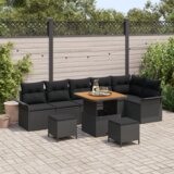 vidaXL 9-delni set vrtne sofe z blazinami črnega poli ratana in akacije | Shoptok.si