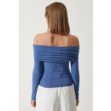  Women's Indigo Blue Off-the-Shoulder Shirring Detailed Blouse | Shoptok.si