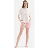 Dagi An Off-White Bis Collar Printed Knitted Top With Printed Shorts and Bottom Knitted Pajamas Set.