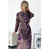 numoco basic Numoco pleated chiffon long dress with neckline, long sleeves and wide belt | ePonuda.com