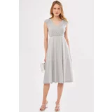 armonika Women's Gray Elastic Waist And Shoulder Skirt Lined Double Breasted Neck Midi Length Dress