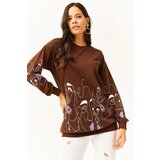 Olalook Women's Bitter Brown Face Figured Oversize Sweatshirt | Shoptok.si