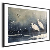  Plakat - Herons over a Winter Pond - illustration in the Japanese style in dark colors 90x60 Crni okvir s margom | shoptok.hr
