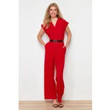 Trendyol Red Belted Double Breasted Collar Wide Leg Woven Jumpsuit