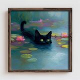 Wallxpert uramljena mdf slika DOS054-50, crna mačka pliva među lokvanjima, 50 x 50 cm | Eponuda.com