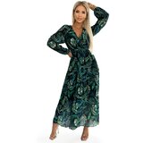 Numoco Pleated chiffon long dress with a neckline, long sleeves and belt
