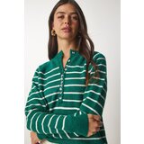  Women's Dark Green Ecru Button-down Collar Knitwear Sweater | Eponuda.ba