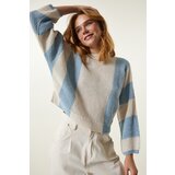 Happiness İstanbul Women's Cream Sky Blue Striped Seasonal Knitwear Sweater Cene