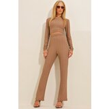 Trend Alaçatı Stili Women's Brown Patterned Crop, Blouse And Pants Double Set Cene