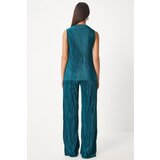 Happiness İstanbul Women's Dark Green Pleated Sleeveless Knitted Blouse Palazzo Pants Set | Eponuda.ba