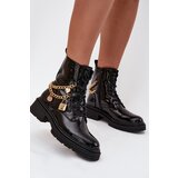 Boto Lacquered Ankle Boots Workers Women's With Golden Chain Insulated Black Sarinae Cijene