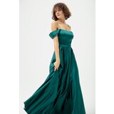 Lafaba Women's Emerald Green Stone Strap Flared Cut Long Evening Dress Cene