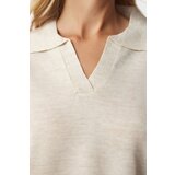  Women's Beige Polo Collar Basic Sweater | shoptok.hr