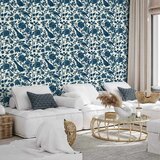  Tapeta - Birds and roses - monochrome blue pattern with botanical motif 50x1000 | shoptok.hr