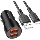  AUTO PUNJAČ BOROFONE BZ19 WISDOM – 2XUSB – 12W SA USB NA LIGHTNING KABLOM CRNI | Eponuda.ba