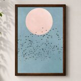 Wallxpert uramljena mdf slika 3752KACT-033, jato ptica ispred ružičastog sunca na plavoj pozadini, 37 x 52 cm | Eponuda.com