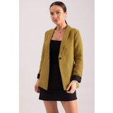 armonika Women's Yellow Herringbone Pattern Fold Sleeve Single Button Cachet Jacket cene