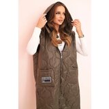 Kesi Włoski Plus Size women's quilted vest with a hood fastened with a zipper khaki Cene