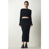 Happiness İstanbul Women's Black Ribbed Crop Knitwear Sweater Skirt Suit Cene