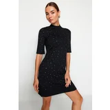 Trendyol Black Stone Detailed Skater/Short Sleeve Mini Knitted Pencil Dress