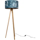 QAZQA Vloerlamp tripod vintage hout met velours kap vis dessin 50cm - Tripod Classic