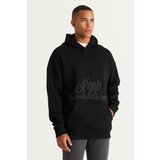 AC&Co / Altınyıldız Classics Men's Black Oversize Fit Loose-Fit Hooded 3 Thread Printed Sweatshirt with Fleece Inside Cene