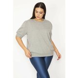 Şans Women's Plus Size Gray Shoulder Gathered Detailed Ribbed Short Sleeve Sweatshirt Cene