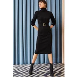 Olalook Women's Black Thick Ribbed Sweater Dress with Belt