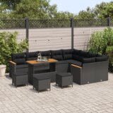 vidaXL 13-delni set vrtnega kavča z blazinami črn poli ratan akacija | Shoptok.si