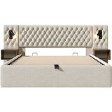 Lumor Oblazinjena postelja 180x200 cm iz žameta, 2 nočni omarici, 2 berilni luči z USB - bež (brez vzmetnice), (22151337) | Shoptok.si