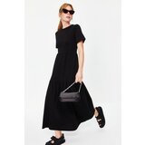 Trendyol Black Gathered Skirt Ruffle Maxi Short Sleeve Crew Neck Knitted Dress Cene