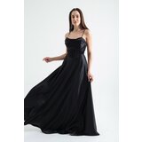 Lafaba Women's Black Thin Strap Back Rope Lacing Detailed Evening Dress cene