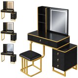  Crno-zlatni kozmetički toaletni stolić s LED ogledalom, rasvjetom, ormarićem i stolicom | shoptok.hr